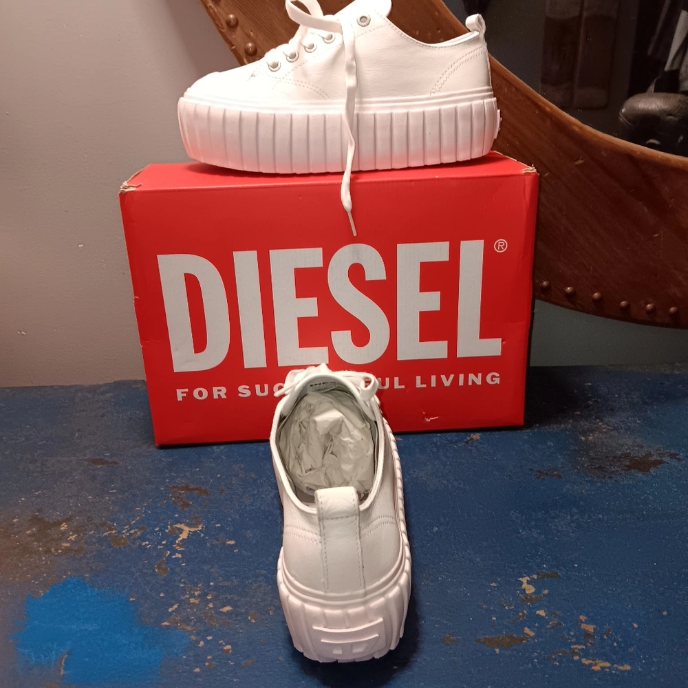 Diesel White Leather Sneakers with Chunky Platform Sole - Picture 4 of 5